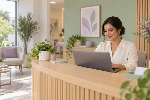 Recepção de clínica com profissional organizando os atendimentos no computador. Imagem ilustrativa.