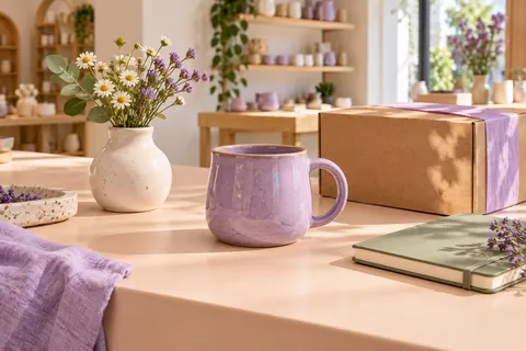 Caneca lilás e produtos de uma loja em uma publicação ilustrativa do Instagram.